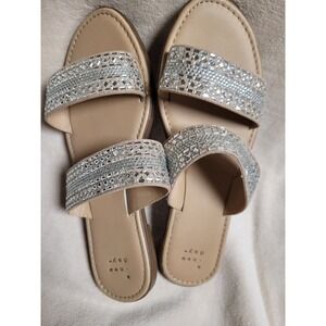 A New Day Womens Rhinestone 2 Strap Slide Sandal Cruise Glam Dressy Tan Size 8